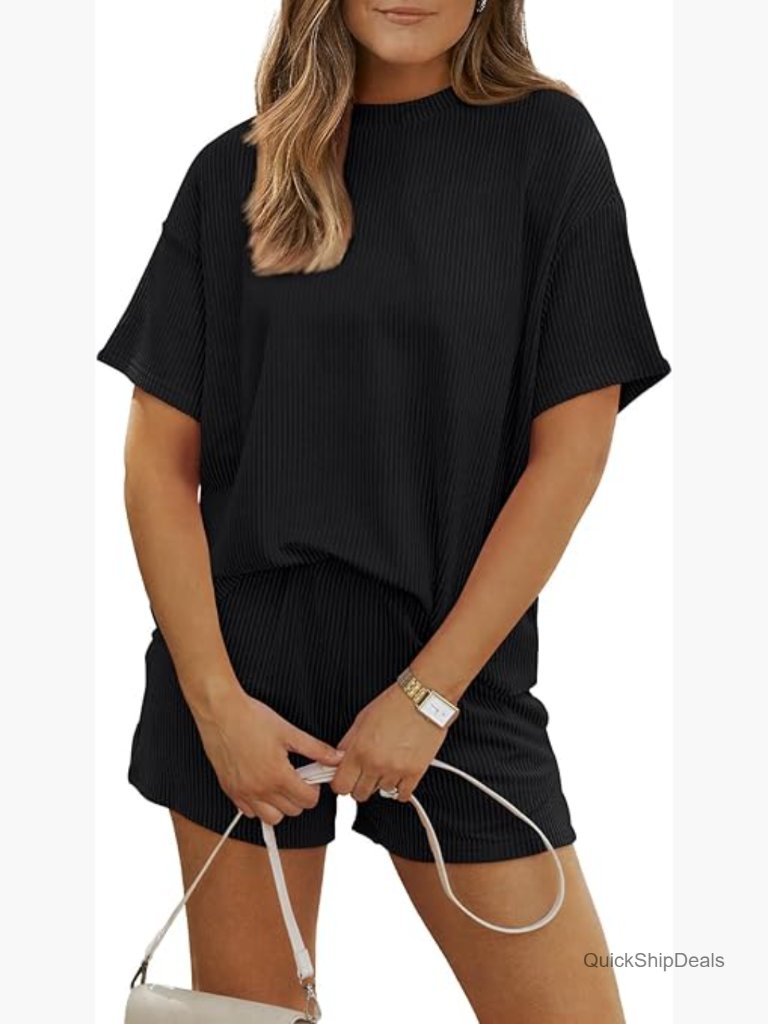 Ribbed 2-Piece Short Set Matching Lounge Travel Summer Vacation Outfit